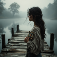 A woman stands on a foggy dock, holding a framed photo close to her chest, reflecting on memories as the mist envelops the serene lake and surrounding trees.