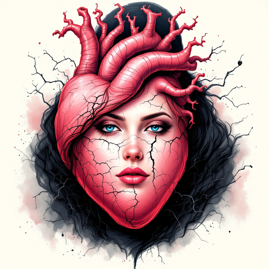 A striking portrait of a woman with a heart entwined with roots, featuring cracks and vibrant colors, embodying the complexities of love and vulnerability.