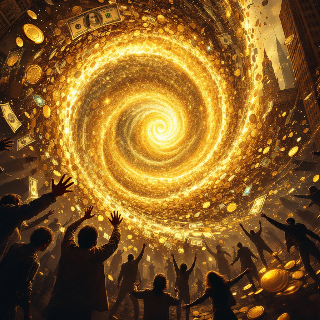 A swirling vortex of gold and dollar bills envelops people reaching out, symbolizing the overwhelming power of wealth over humanity, inspired by the quote on money's influence.