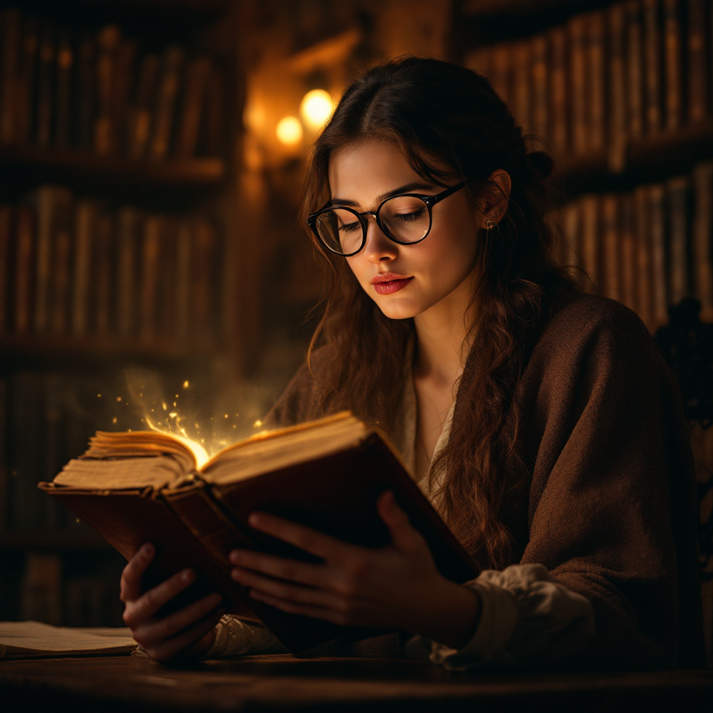 A young woman in glasses reads an ancient book, with glowing sparkles emanating from its pages, surrounded by shelves filled with books, embodying the quote about the mind and knowledge.