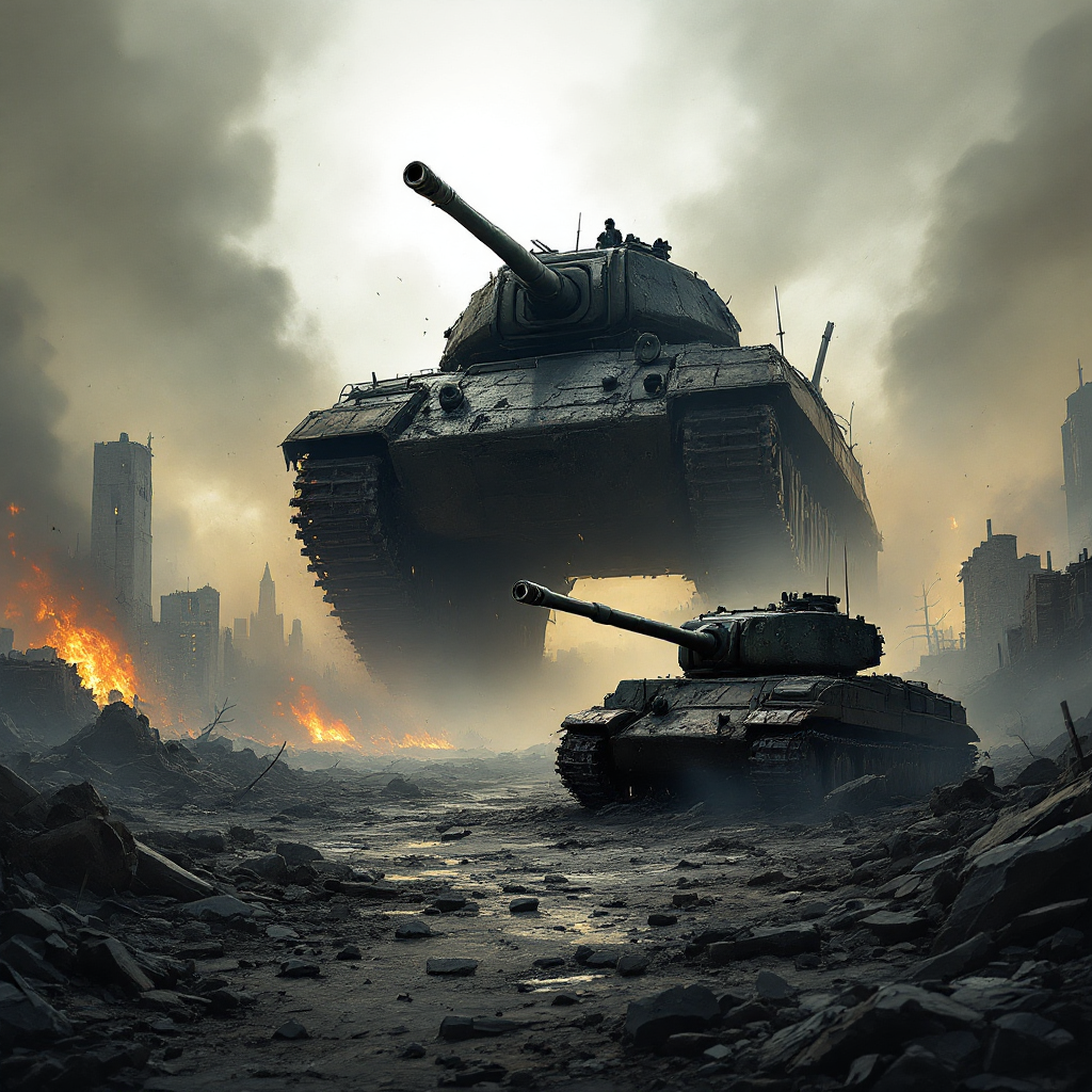 A dramatic battlefield scene features two tanks amidst a war-torn landscape, embodying the quote, The greatest weapon against an enemy is another enemy. Smoke and flames rise in the background.