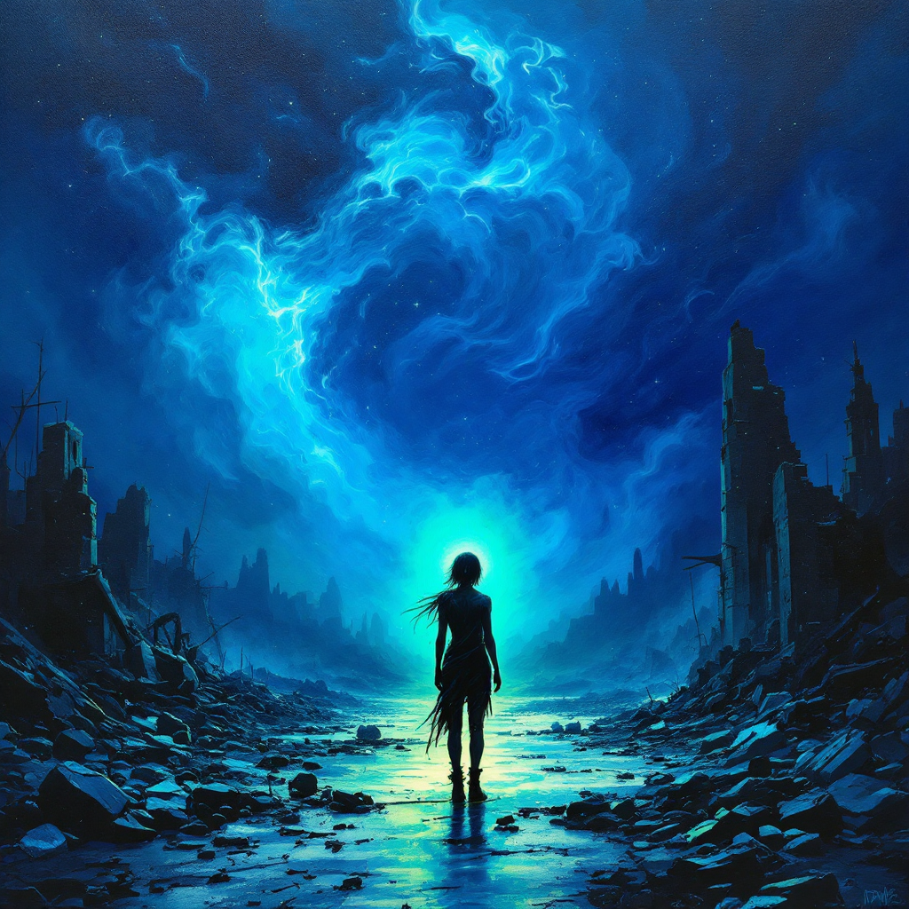 A silhouetted figure stands amidst ruins, facing a vibrant blue light in the sky, embodying freedom and possibility after loss, inspired by the quote about gaining freedom through loss.