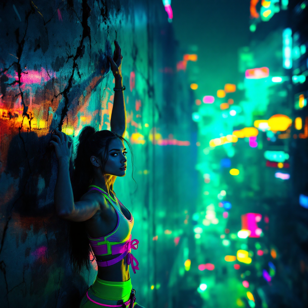 A determined woman in vibrant, neon workout gear leans against a textured wall, surrounded by a glowing, futuristic cityscape, embodying the resilience captured in the quote about overcoming challenges.