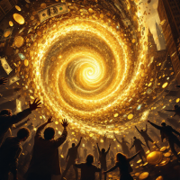 A swirling vortex of gold and dollar bills envelops people reaching out, symbolizing the overwhelming power of wealth over humanity, inspired by the quote on money's influence.