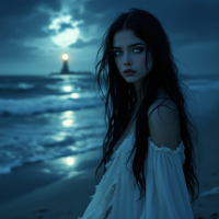 A hauntingly beautiful woman stands on a dark beach, gazing pensively at the turbulent sea, with a distant lighthouse illuminating the night sky, embodying the theme of hidden stories and darkness.