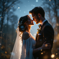 A couple in wedding attire gazes lovingly at each other, surrounded by a magical atmosphere of soft lights and gentle bokeh, embodying the sentiment of being together on their wedding night.