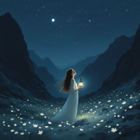 A woman in a flowing white dress stands in a valley under a starry sky, holding a glowing lantern, surrounded by softly illuminated flowers, embodying hope and light in darkness.