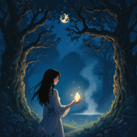 A young woman stands in a moonlit forest, holding a glowing crystal, surrounded by towering trees. The scene captures the duality of magic as both enchanting and daunting.