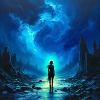 A silhouetted figure stands amidst ruins, facing a vibrant blue light in the sky, embodying freedom and possibility after loss, inspired by the quote about gaining freedom through loss.