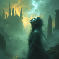 A ghostly figure stands in a misty landscape, gazing skyward as lightning illuminates a crumbling castle, embodying the longing for a lost golden age.