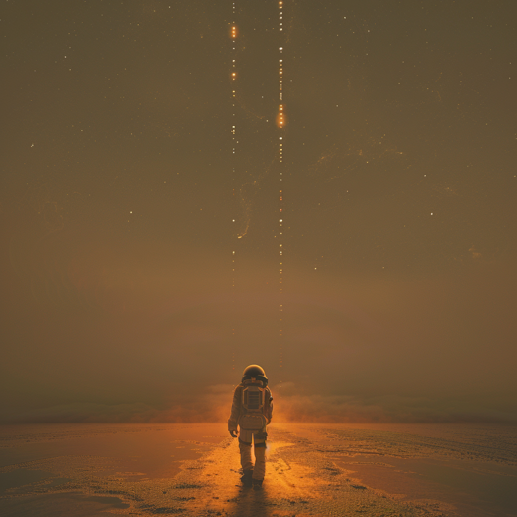 An astronaut stands on a desolate planet, gazing at distant stars as lights fade in the night sky, symbolizing the gradual extinction of human civilizations across the galaxy.