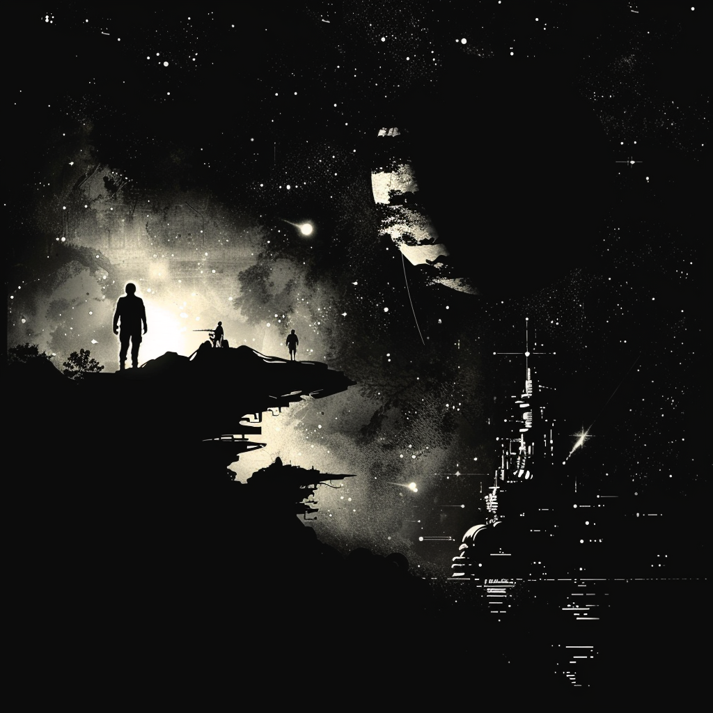 Silhouettes of humans stand on a cliff, gazing at the darkened expanse of space. Distant celestial structures and stars are dimly visible, symbolizing the fading lights of human civilization across the galaxy.