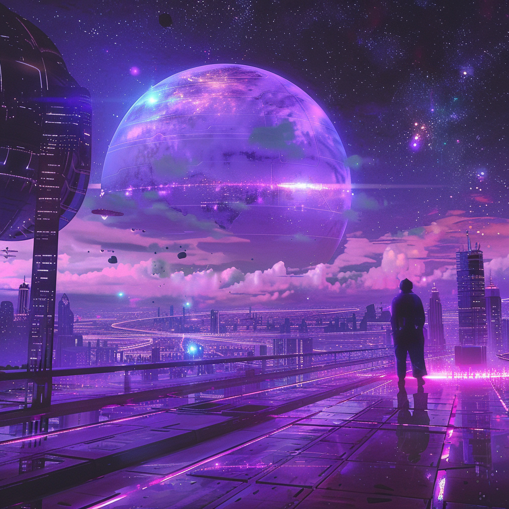 A lone figure stands on a futuristic platform, overlooking a city illuminated by purple lights with a large, glowing planet in the sky, reflecting the dwindling lights of human civilization across the galaxy.