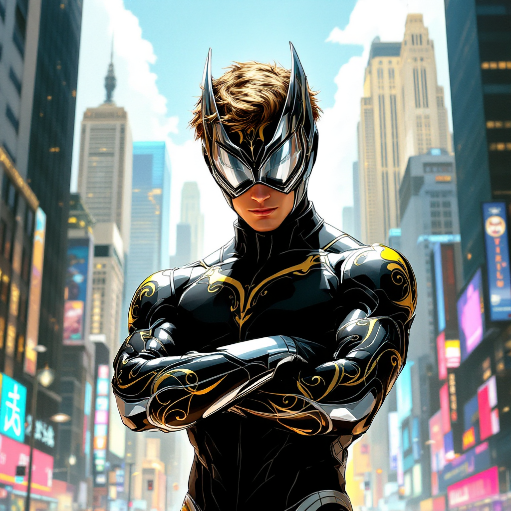 A confident hero stands in a bustling city, wearing a sleek, black suit with gold accents and a mask, embodying the struggle of self-identity reflected in the quote about heroism.