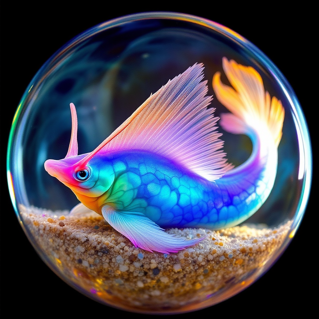 A translucent globe encloses a vibrant fish with a triangular, rose-colored dorsal fin, resembling a flattened slug, swimming through murky fluid and resting on sandy ground.