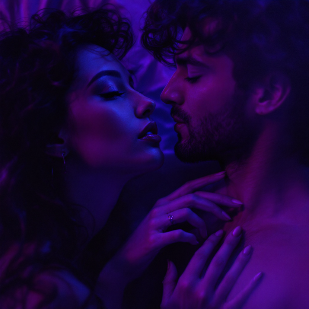 A close-up of a couple sharing an intimate moment, their faces almost touching amid soft purple lighting, conveying deep emotion and connection.