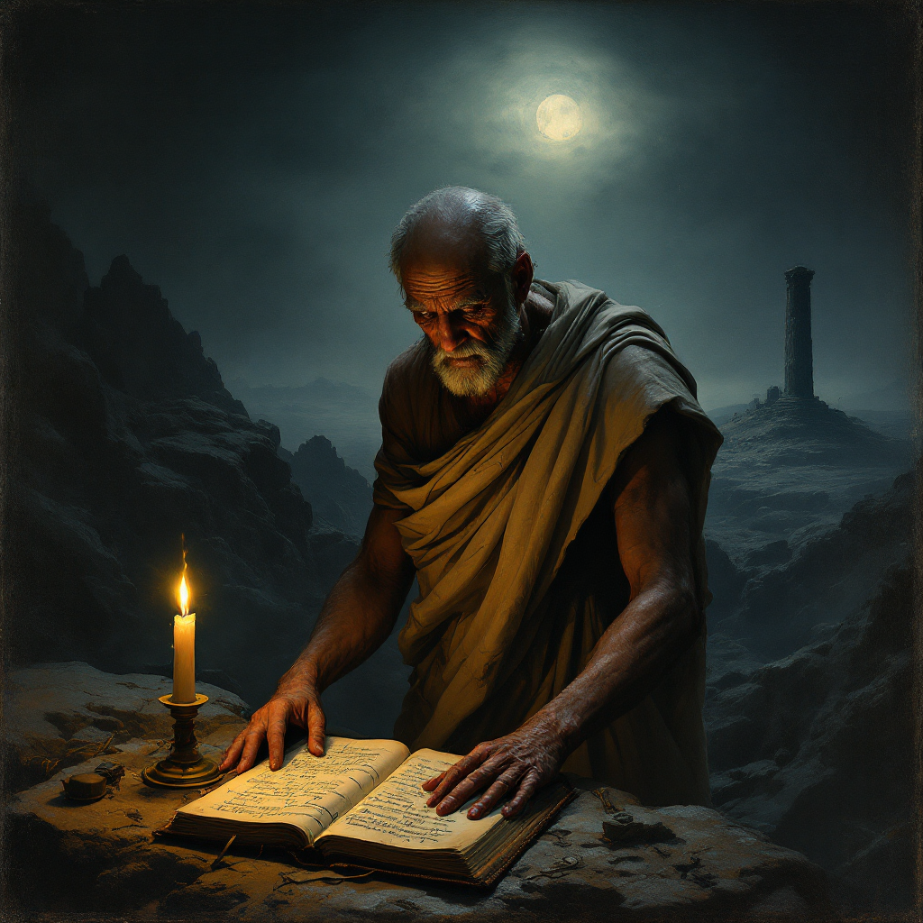 An elderly man in a robe studies an open book by candlelight, reflecting deep contemplation in a shadowy, mountainous landscape under a full moon, embodying the quest for life's meaning.