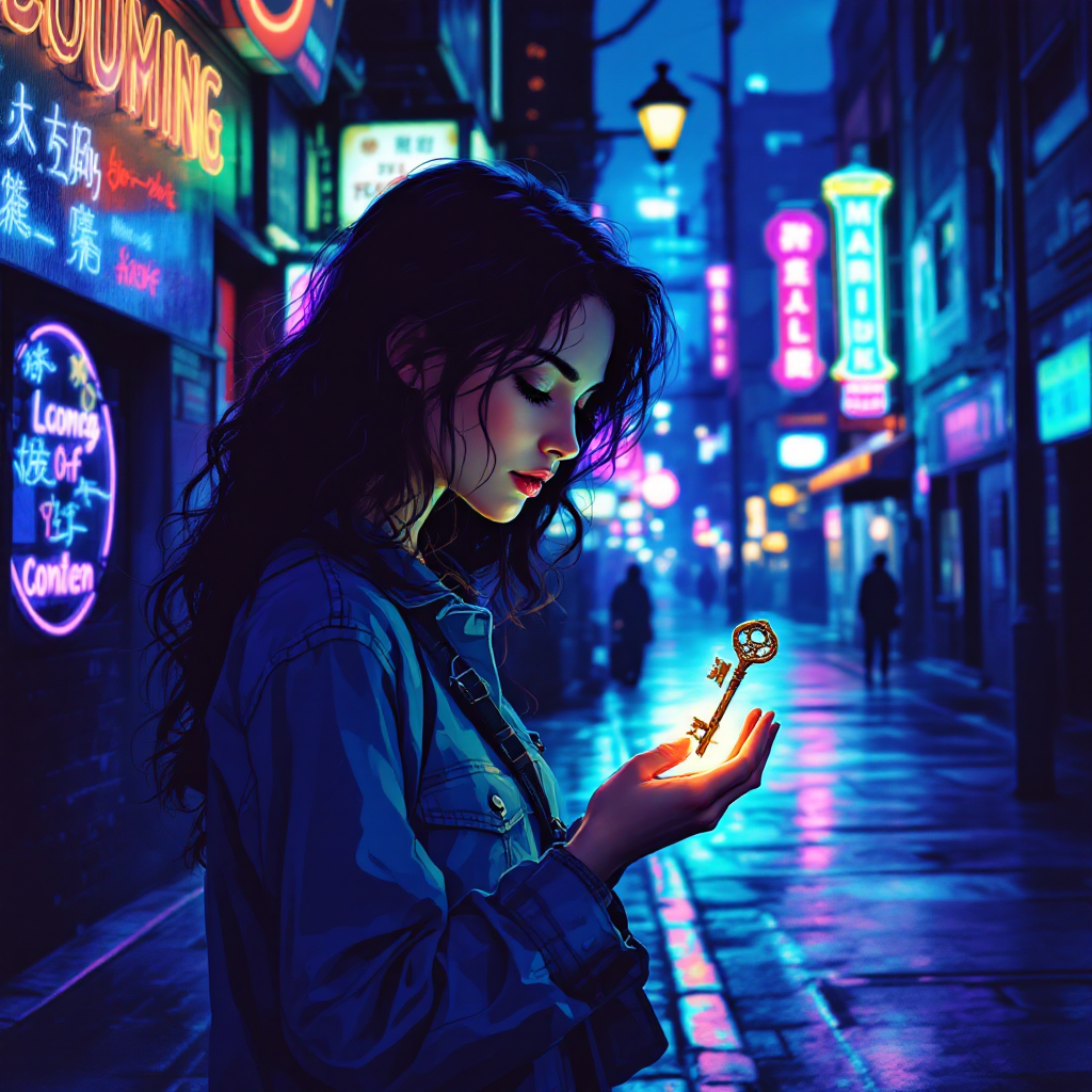 A young woman stands in a vibrant, neon-lit street, gently holding a key, embodying the idea that small decisions can hold great significance.