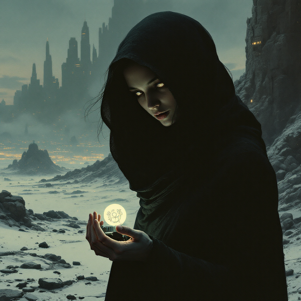 A cloaked figure stands in a desolate landscape, holding a glowing orb that reflects haunting emotions, embodying the lasting impact of betrayal. Shadows loom from distant ruins.