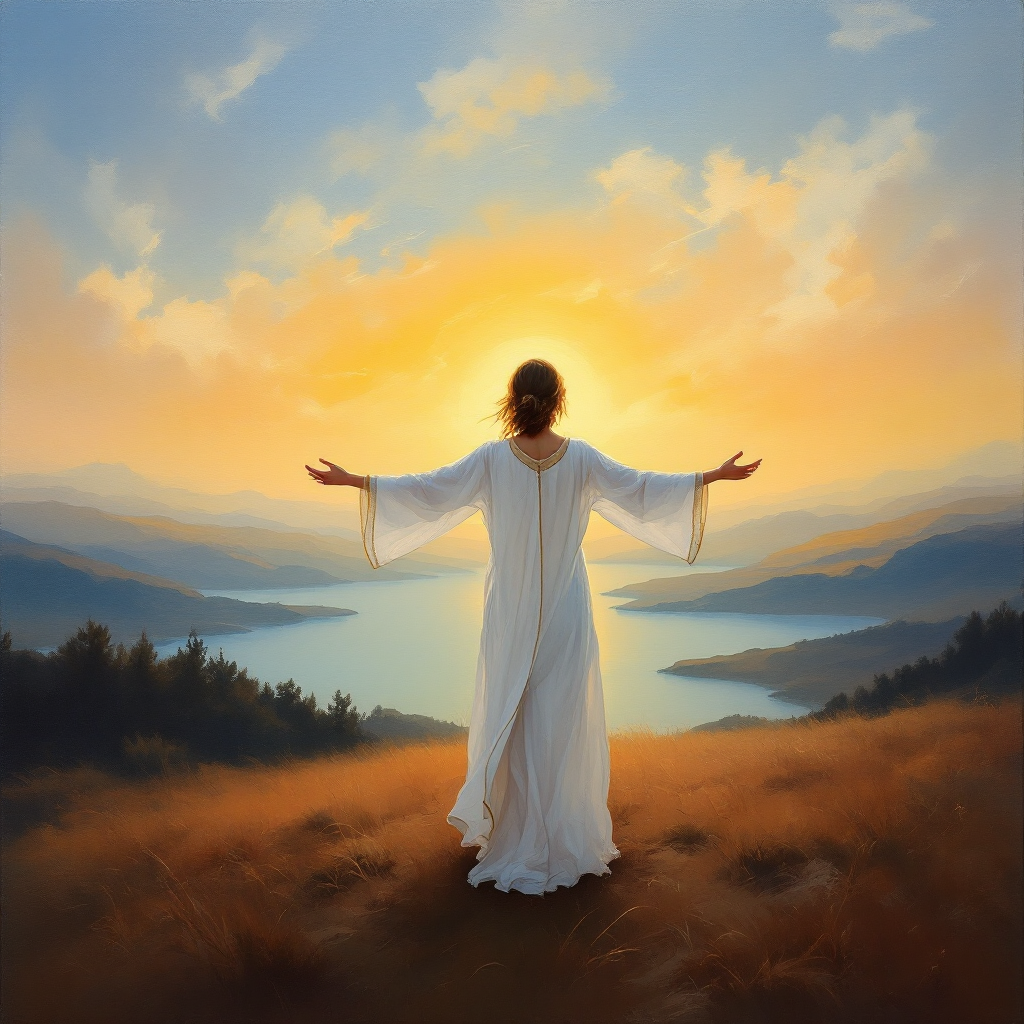 A figure in a flowing white garment stands with arms outstretched toward a sunrise over a serene landscape, embodying the essence of forgiveness as a necessary journey.