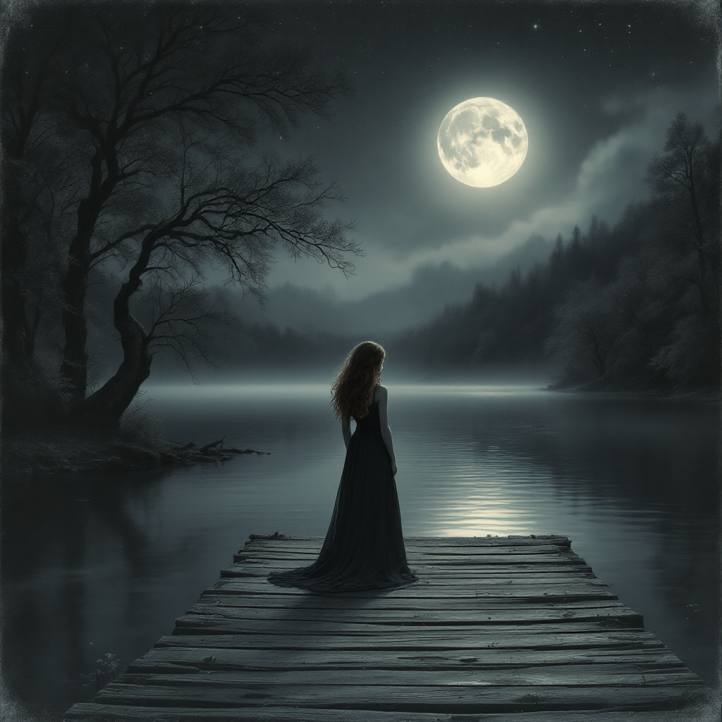 A solitary figure in a dark dress stands on a wooden pier, gazing at the moonlit water under a starry sky, evoking a sense of melancholy and introspection.