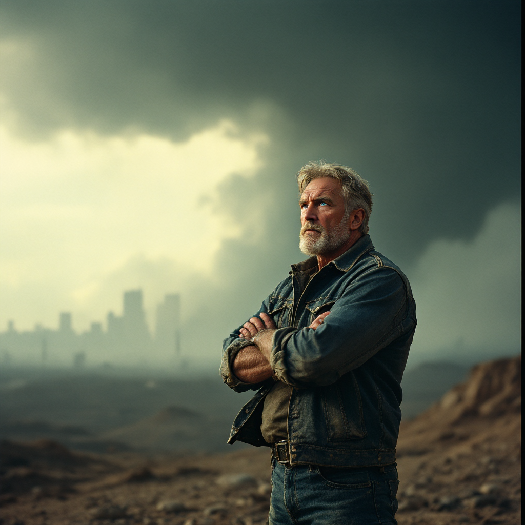 A contemplative man stands against a stormy skyline, embodying the quote, Good men can't stand idly by while evil is afoot, as he gazes into the distance with determination.