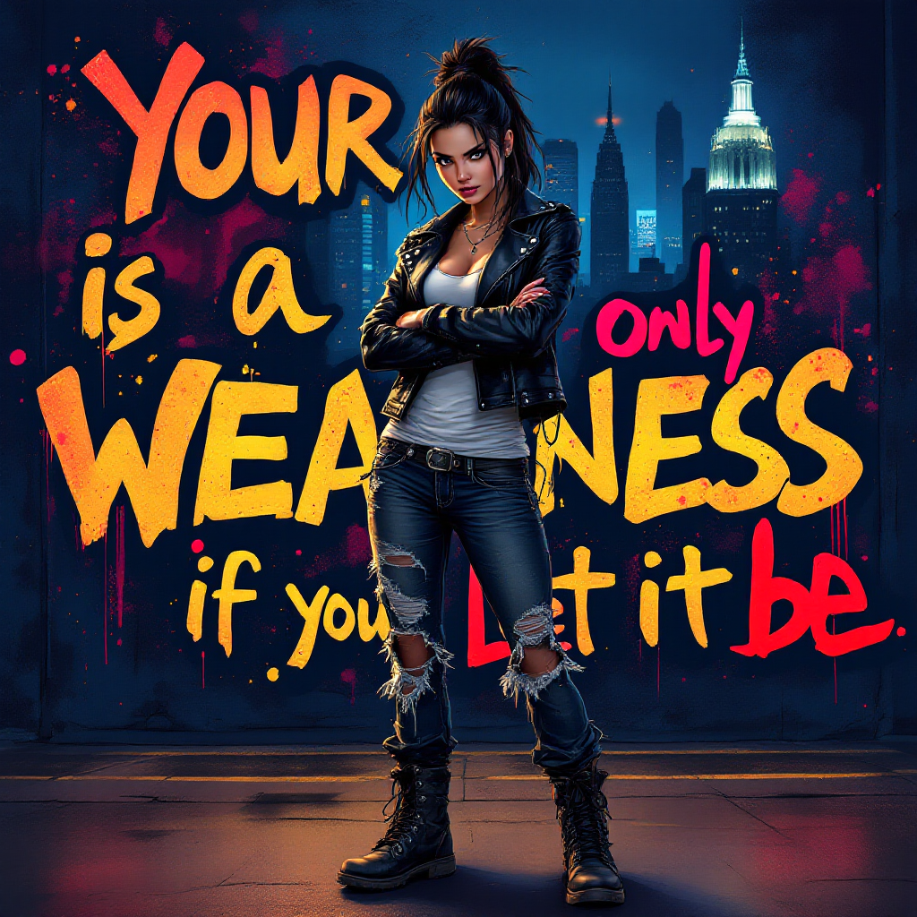 A confident young woman in a leather jacket stands against a graffiti-style backdrop with the quote: Your loyalty is a weakness only if you let it be, and a city skyline in the background.