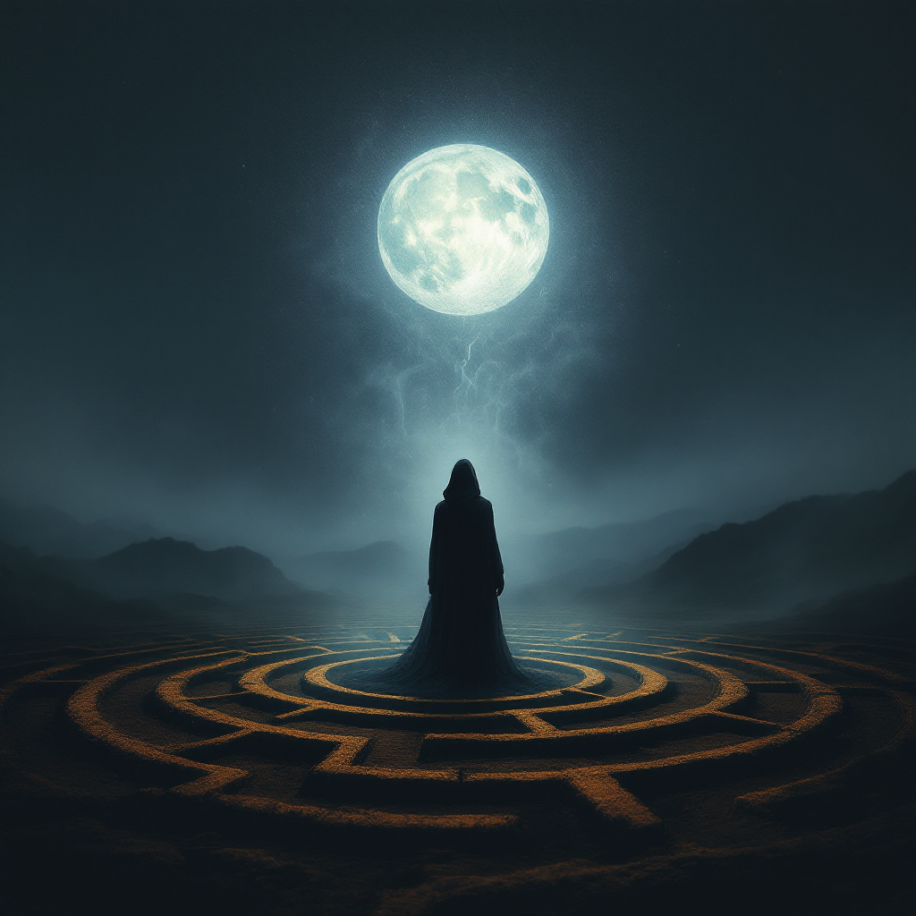 A cloaked figure stands in a circular maze under a glowing full moon, embodying the quote about truth as an illusion in a dark, mysterious landscape.