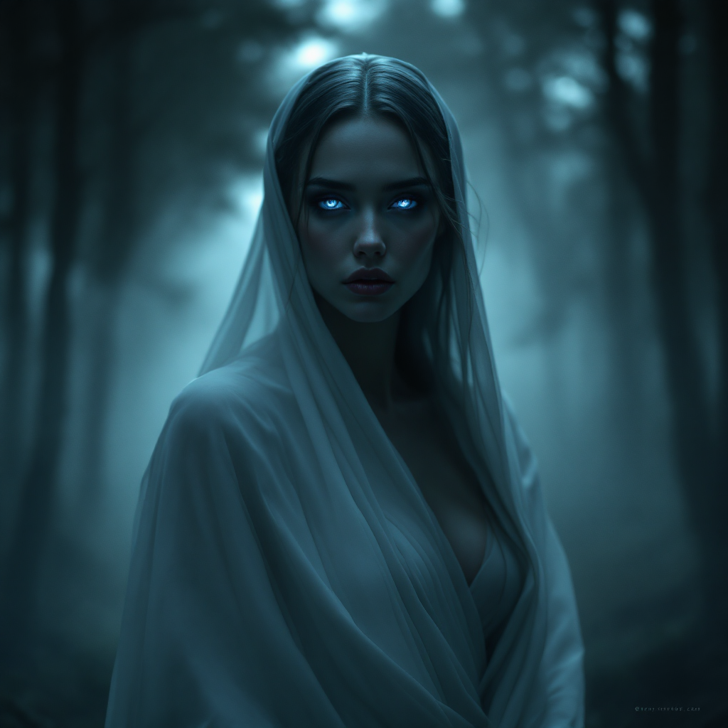 A mysterious figure with glowing eyes stands in a foggy forest, wrapped in a flowing white garment, embodying the quote: The truth is not always what it seems.