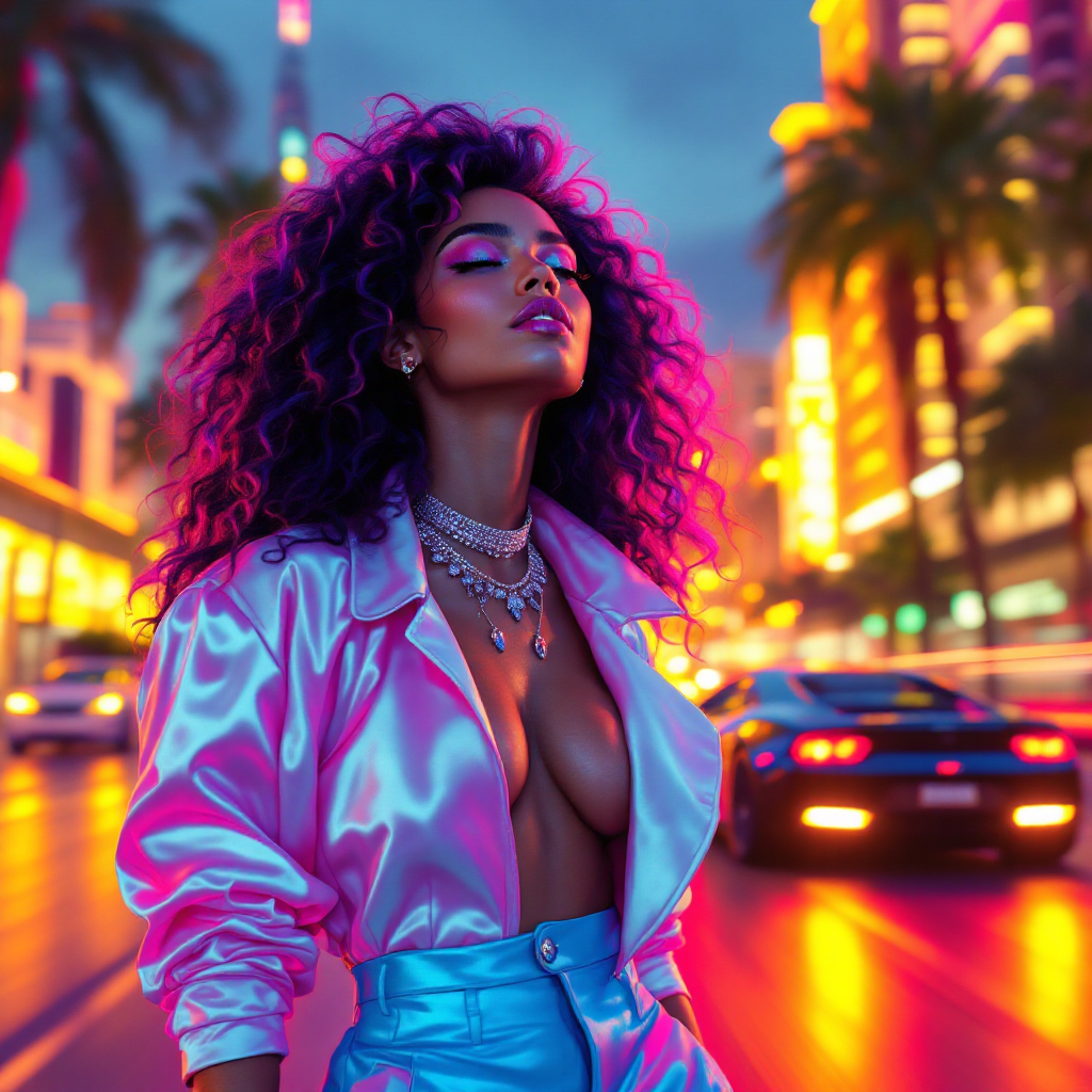 A confident woman stands in a vibrant cityscape at night, neon lights reflecting off her sleek outfit, embodying the uncontrollable essence of love as described in the quote.