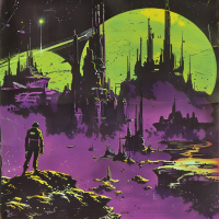 A lone figure stands on a rocky surface, gazing at an alien city illuminated by glowing green and purple lights, set against a celestial backdrop, reflecting the decline of human civilization across the galaxy.