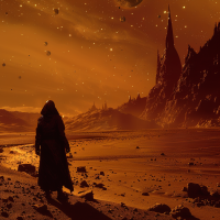 A lone figure in a hooded cloak stands on a barren, reddish alien landscape, with a dark, jagged skyline and a star-filled sky, reflecting the theme of vanishing civilizations in the galaxy.