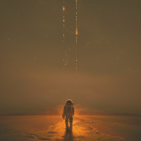An astronaut stands on a desolate planet, gazing at distant stars as lights fade in the night sky, symbolizing the gradual extinction of human civilizations across the galaxy.