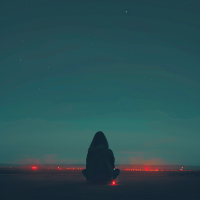 A person sits alone, facing a darkened horizon with dim, scattered lights, reflecting the diminishing lights of human civilization across the galaxy.