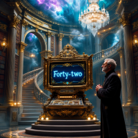 A grand, fantastical library with ornate architecture features a glowing display reading Forty-two. A figure in a dark robe stands contemplatively before it, surrounded by a celestial backdrop.