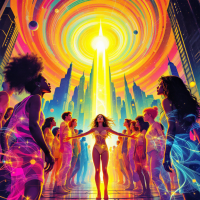 A vibrant scene depicts diverse individuals standing before a radiant light, symbolizing the power of change and the bravery needed to harness it. Colorful swirls enhance the uplifting atmosphere.