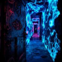 A dark corridor illuminated by vibrant blue and purple lights, with a weathered door at the entrance, embodying hidden stories behind closed doors and the shadows of fear.