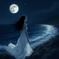 A woman in a flowing white dress stands by the ocean at night, gazing at a bright full moon, embodying the essence of self-acceptance and personal freedom.