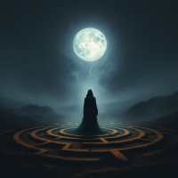 A cloaked figure stands in a circular maze under a glowing full moon, embodying the quote about truth as an illusion in a dark, mysterious landscape.