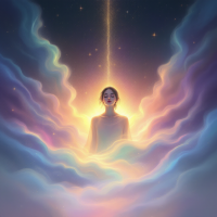 A figure stands amidst swirling, colorful clouds, illuminated by a radiant beam of light. The scene embodies the concept of choices shaping destinies through time.