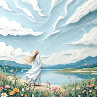 A serene landscape features a woman in a flowing white gown, gazing up at swirling clouds above a tranquil lake, framed by vibrant flowers, embodying a moment of clarity before a storm.