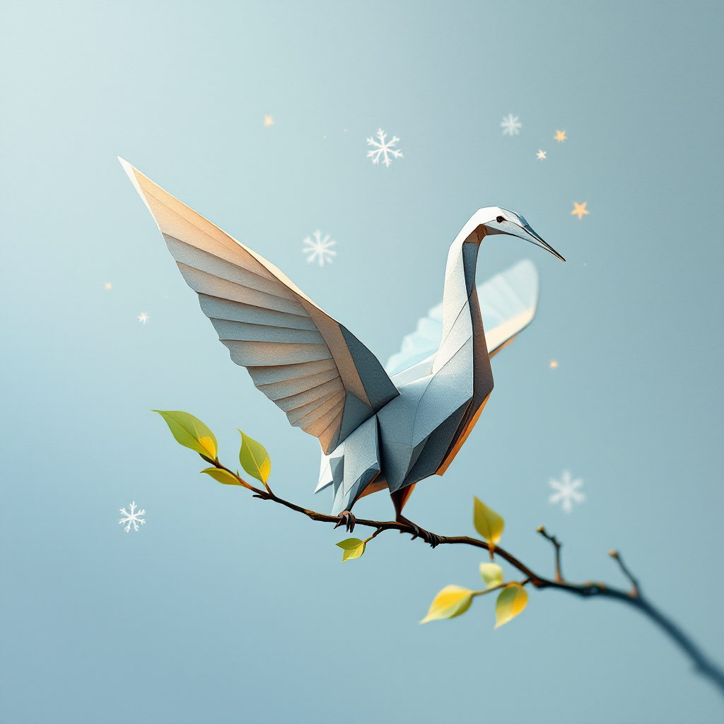 A graceful origami bird perches on a branch, its wings outstretched, evoking a sense of reflection on wisdom unheeded, as conveyed in the quote about listening to one's mother.