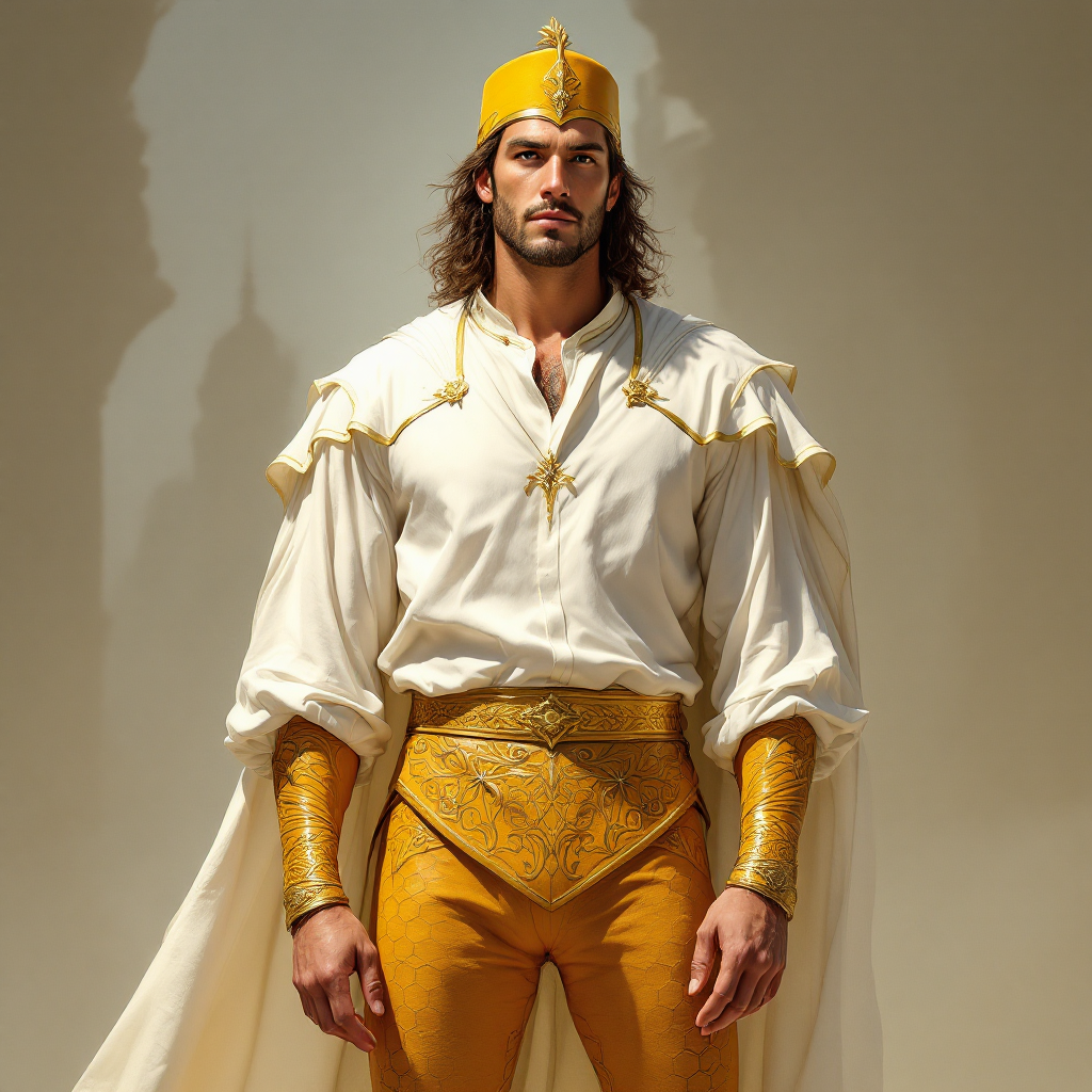 A regal figure, King Argaven XV, stands in a white tunic with saffron leather leggings and a peaked yellow cap, adorned only by a gold finger-ring as a sign of his office.