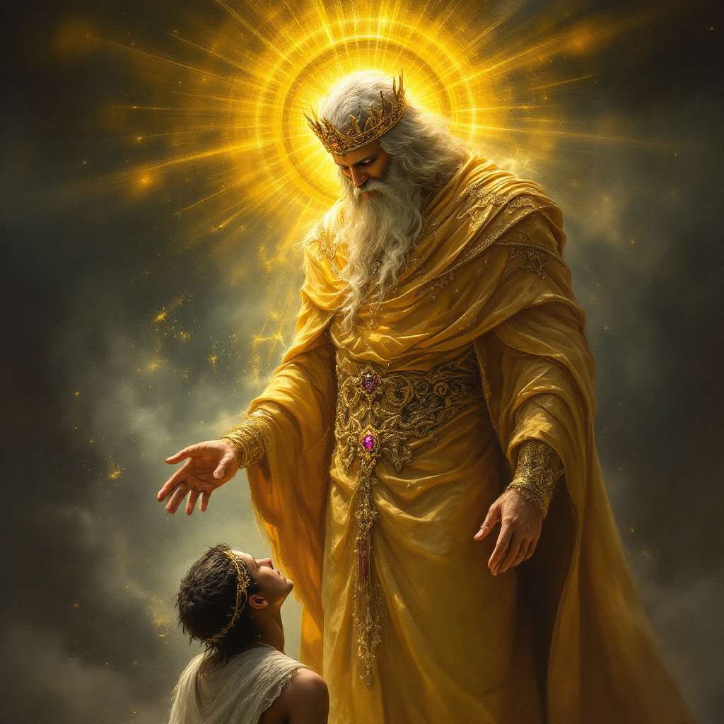 A majestic figure in golden robes emanates light, reaching down to a kneeling person, embodying the theme of understanding as a source of power and connection.