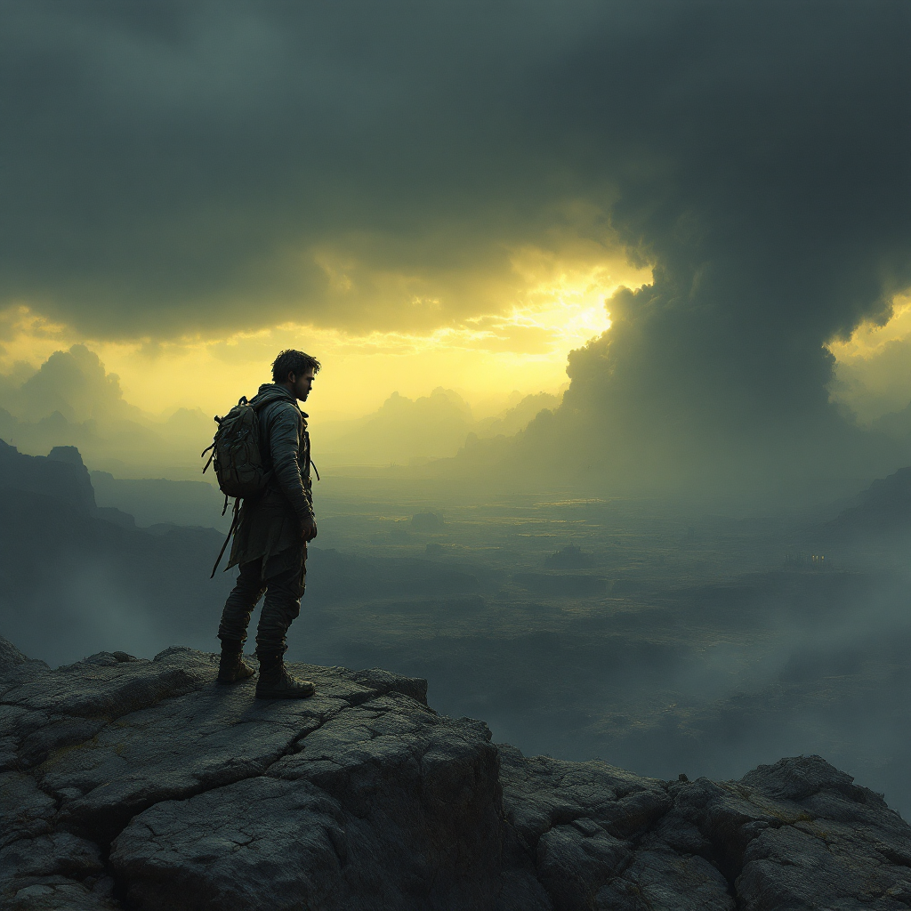 A lone figure stands on a rocky outcrop, gazing at a dramatic landscape under ominous clouds, embodying the quote, The world was going to end, but not yet.