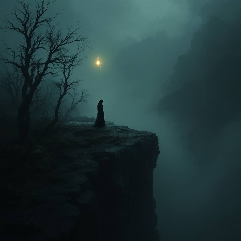 A figure in a dark cloak stands on a cliff amidst swirling fog and barren trees, illuminated by a distant flicker of light that pierces the despairing gloom.