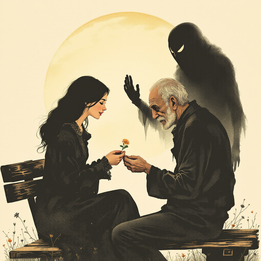 A woman and an elderly man share a flower on a bench, illuminated by a large moon, while a shadowy figure looms behind, symbolizing the struggle between kindness and darkness.