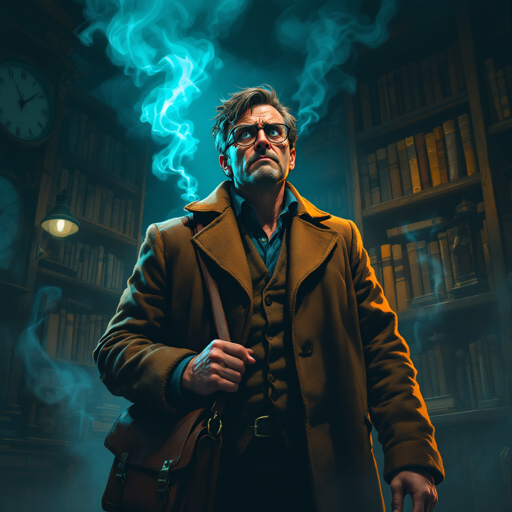 A tense man in a brown coat stands in a dimly lit, book-filled library, smoke swirling around him, embodying the quote, The man who knows too much is in trouble.