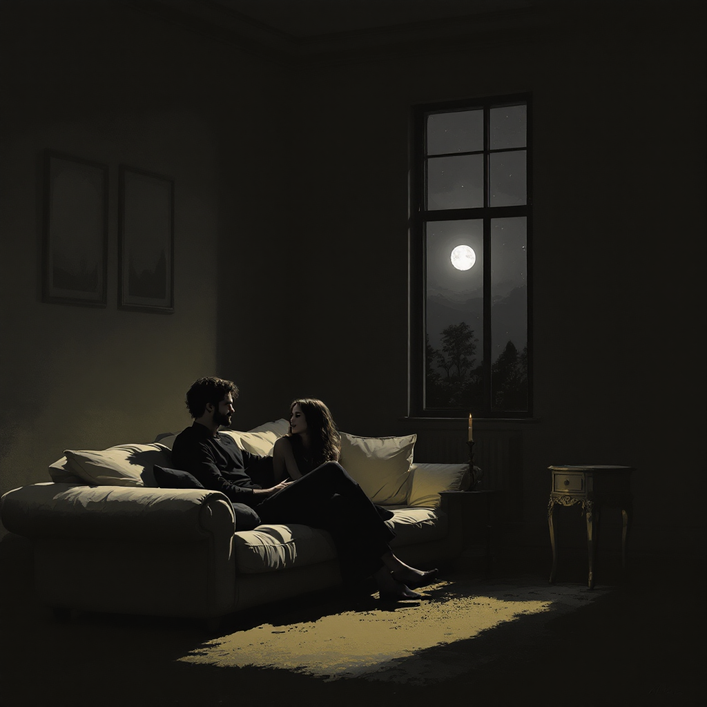 A couple sits close together on a couch in a dimly lit room, illuminated by moonlight through a window, embodying the quote Home is not a place, it’s a feeling.