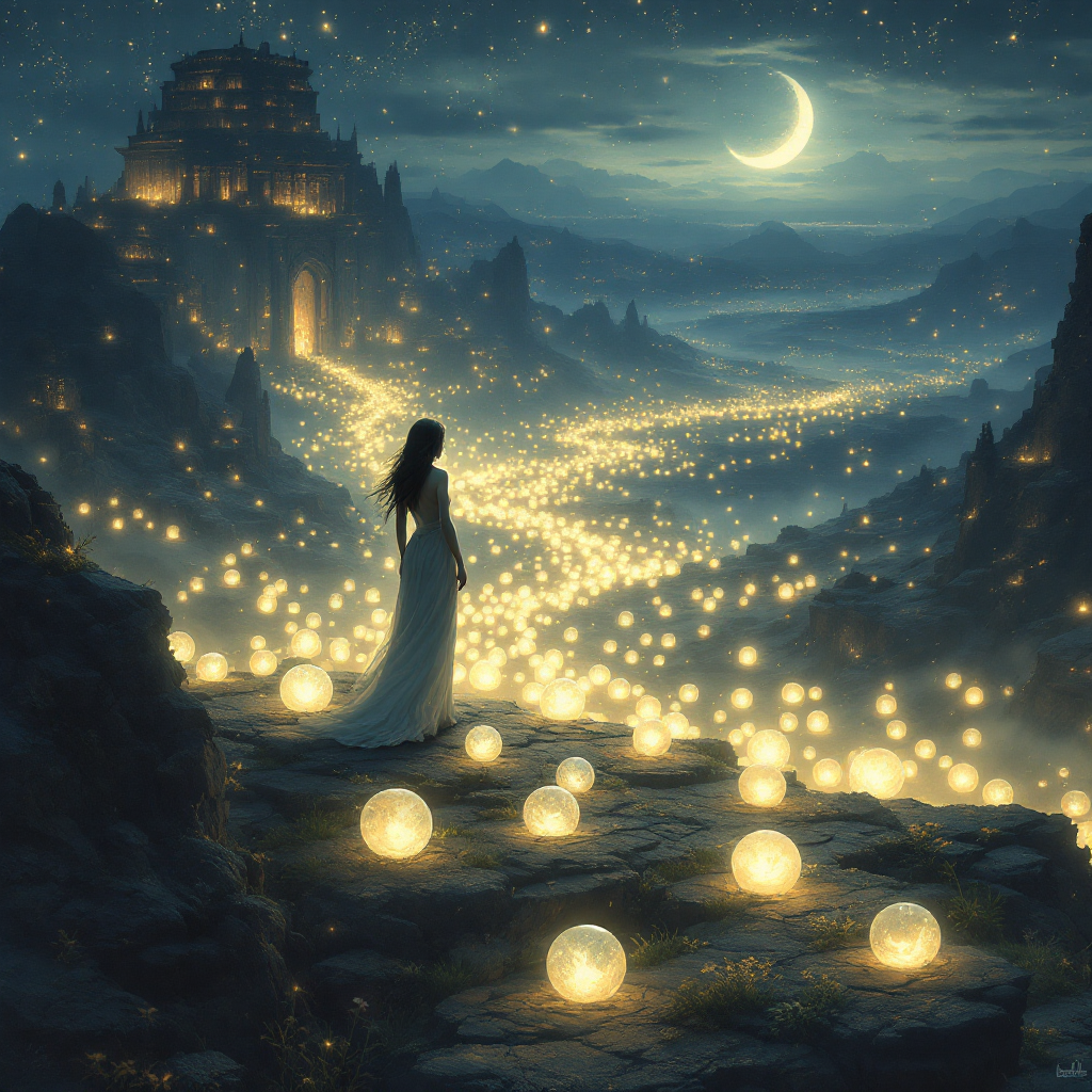 A lone figure in a flowing gown stands on a rocky ledge, gazing at a shimmering landscape filled with glowing orbs, under a moonlit sky beside a distant, mystical fortress.